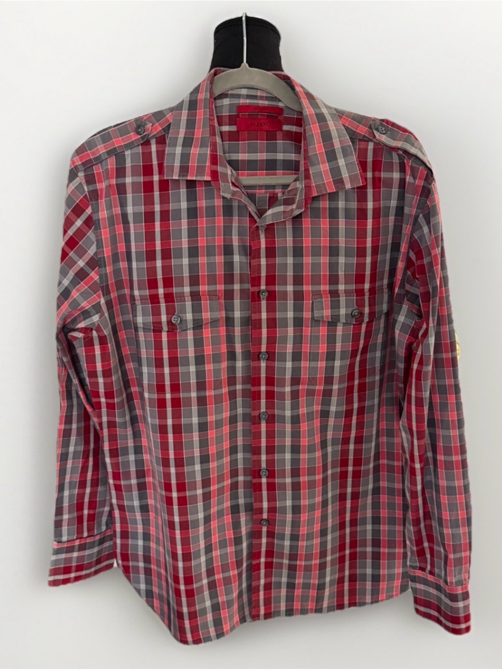 Alfani Plaid Button Up Shirt Mens Large Fitted Red Gray Cotton